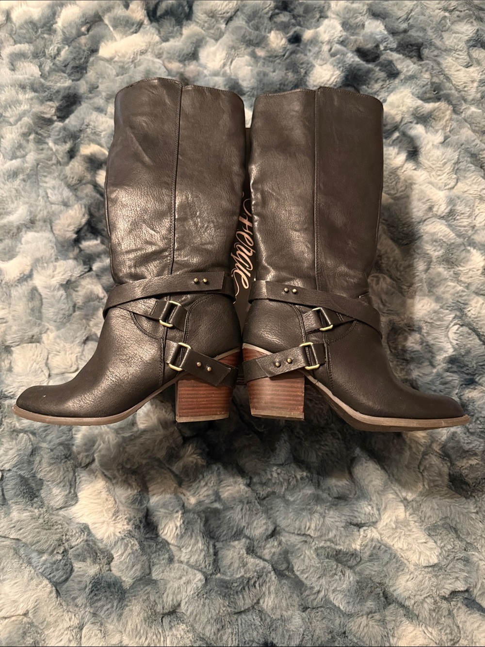 Fergie Dark Brown Mid-Calf Leather Heeled Boots with Buckle Straps
